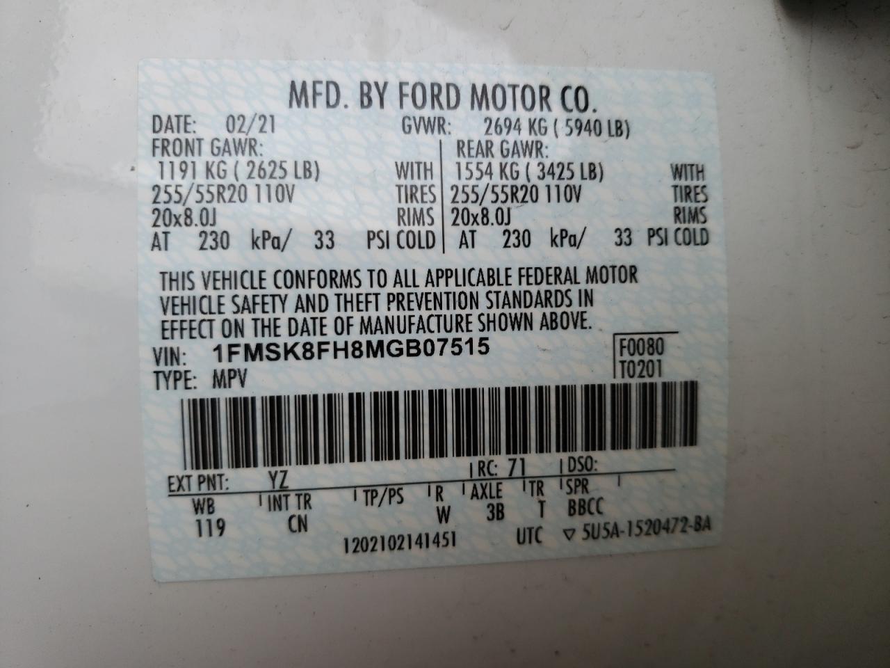 Photo 10 from auction – 2021 FORD EXPLORER L with VIN 1FMSK8FH8MGB07515