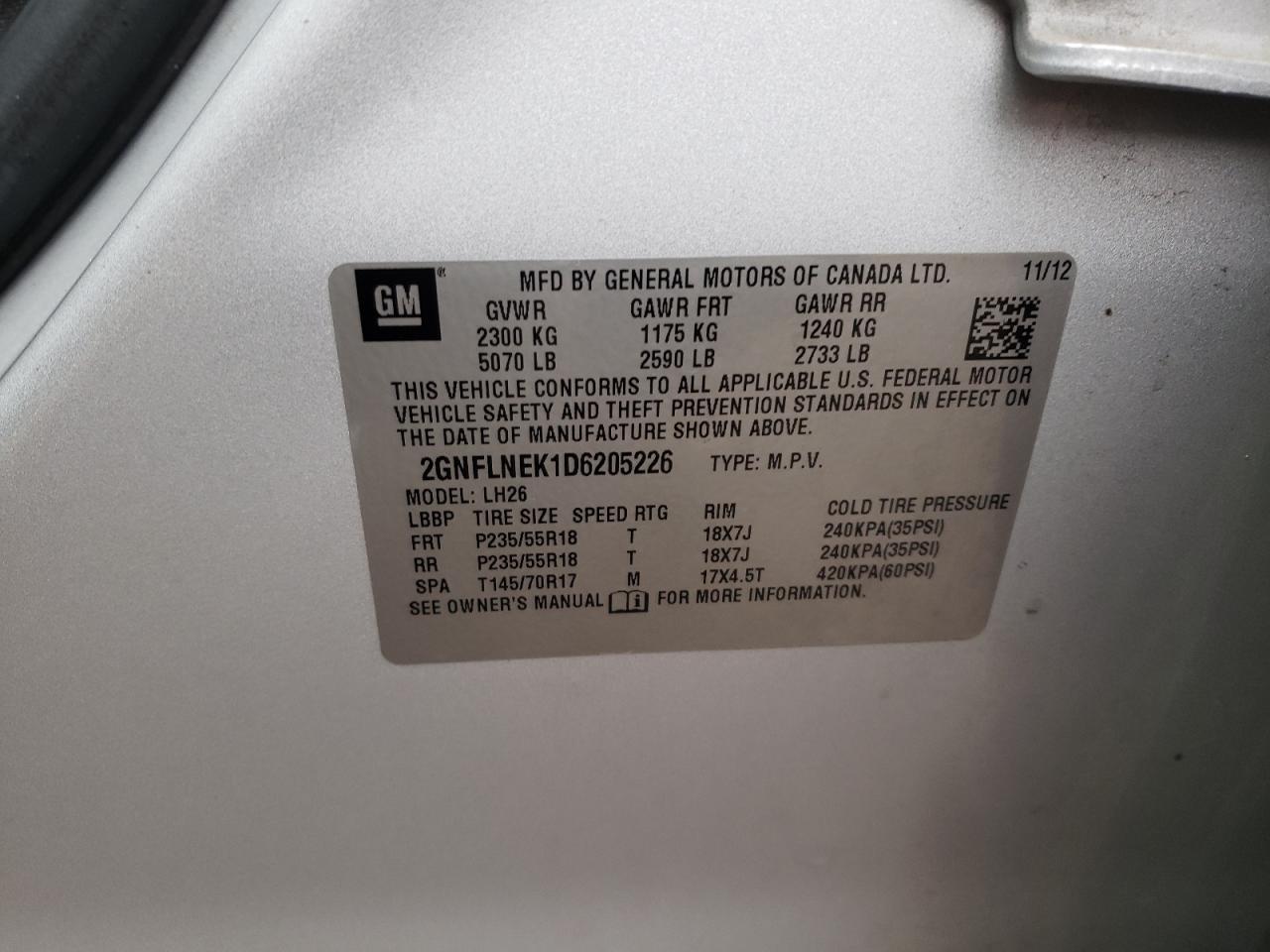 Photo 10 from auction – 2013 CHEVROLET EQUINOX LT with VIN 2GNFLNEK1D6205226