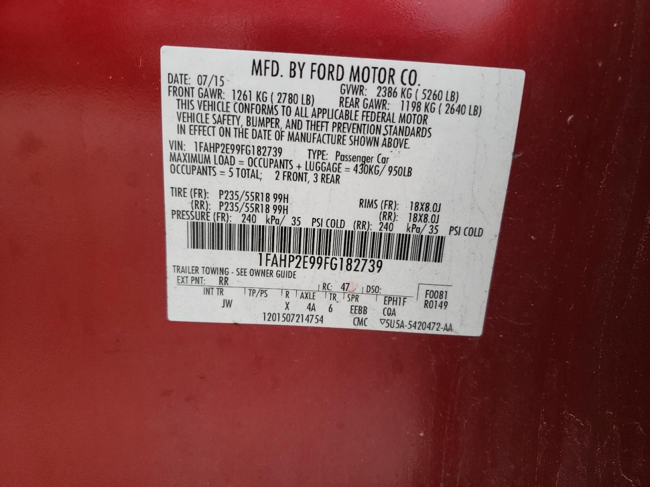 Photo 10 from auction – 2015 FORD TAURUS SEL with VIN 1FAHP2E99FG182739