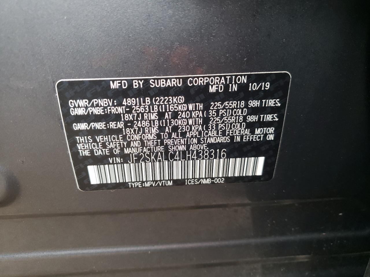 Photo 10 from auction – 2020 SUBARU FORESTER S with VIN JF2SKALC4LH438316