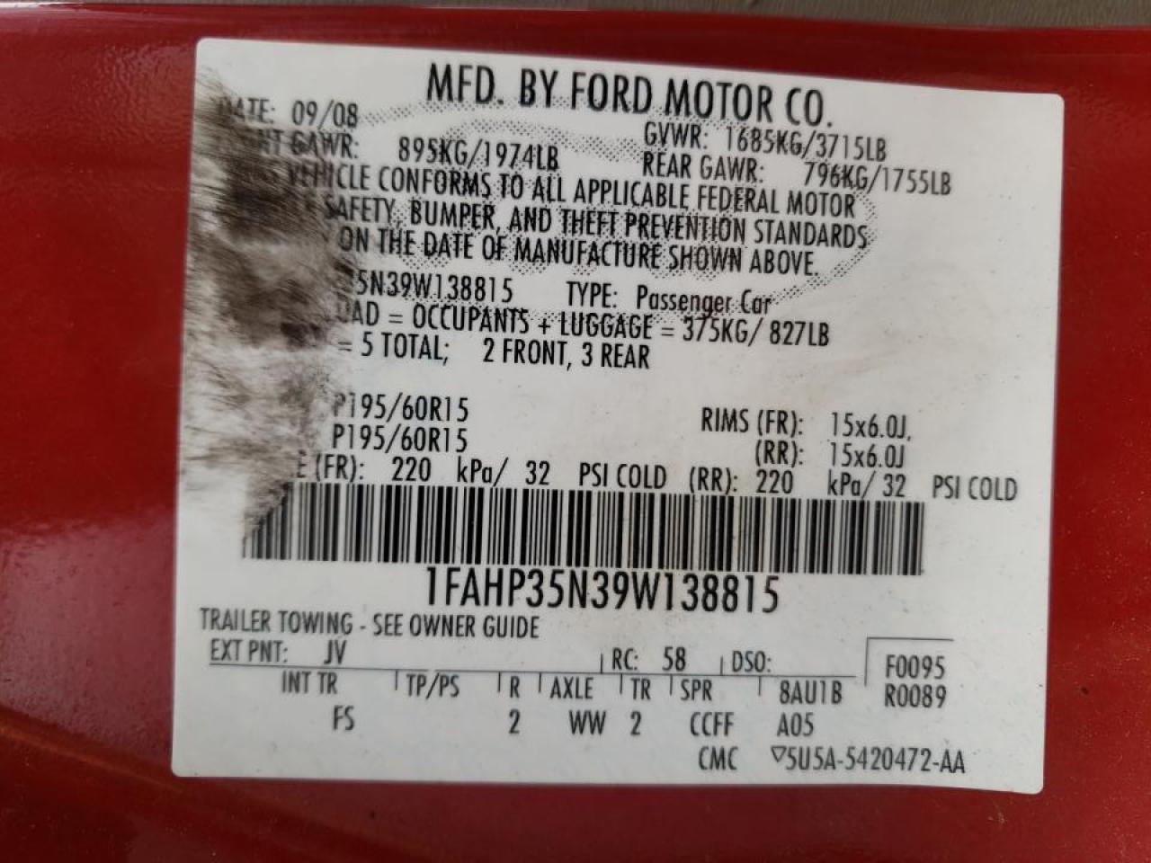 Photo 10 from auction – 2009 FORD FOCUS SE with VIN 1FAHP35N39W138815