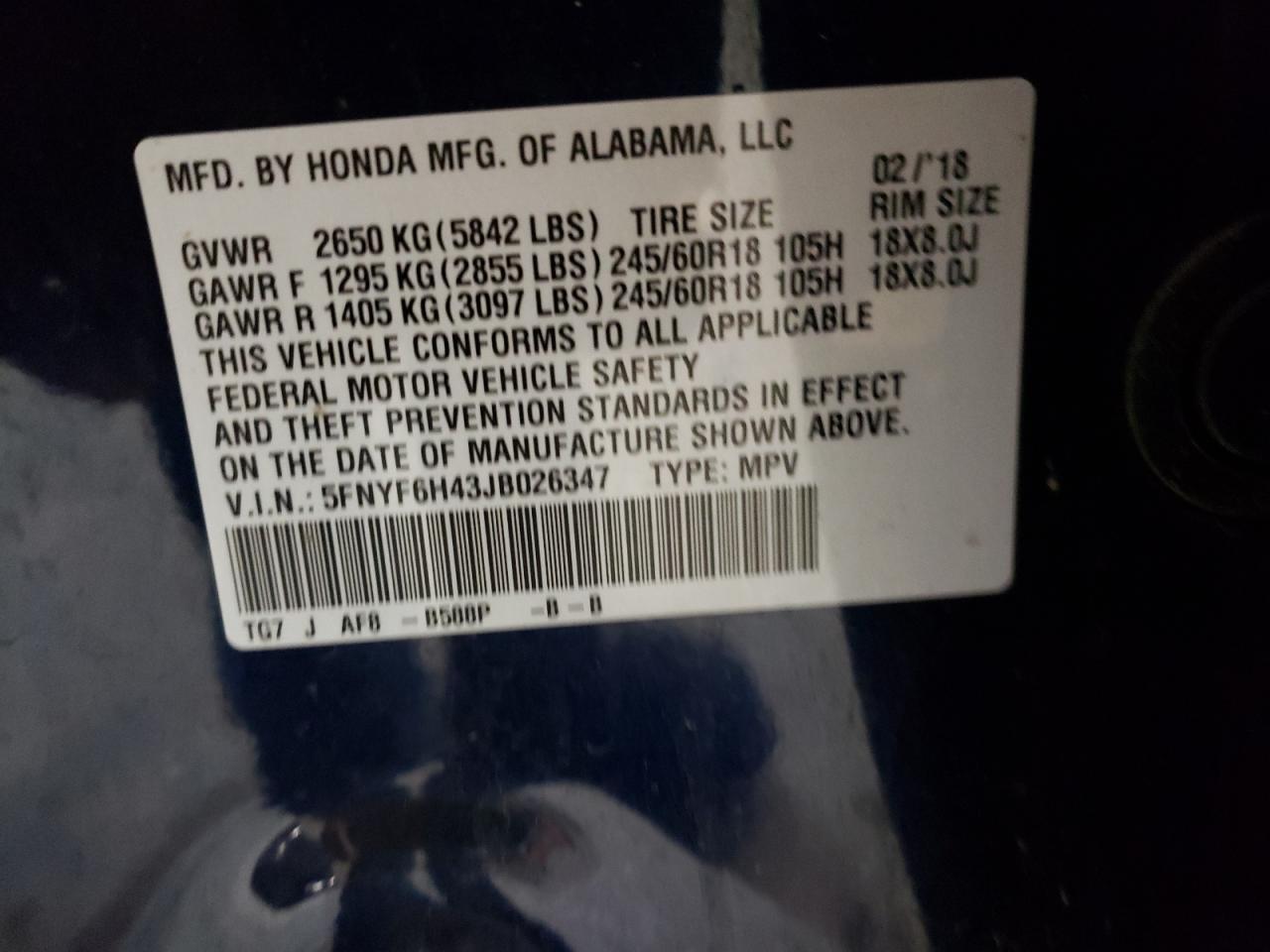 Photo 10 from auction – 2018 HONDA PILOT EX with VIN 5FNYF6H43JB026347