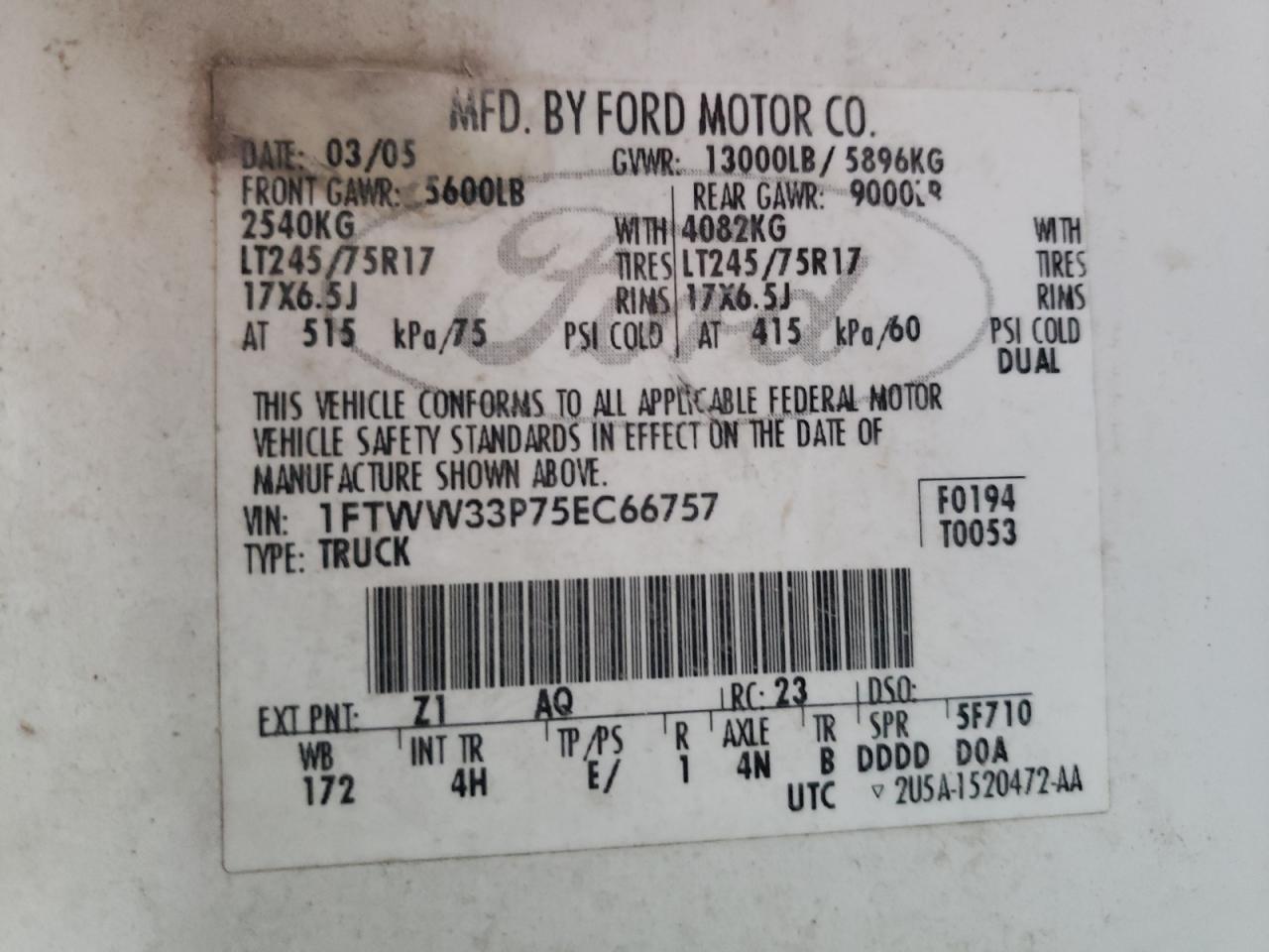 Photo 10 from auction – 2005 FORD F350 SUPER with VIN 1FTWW33P75EC66757