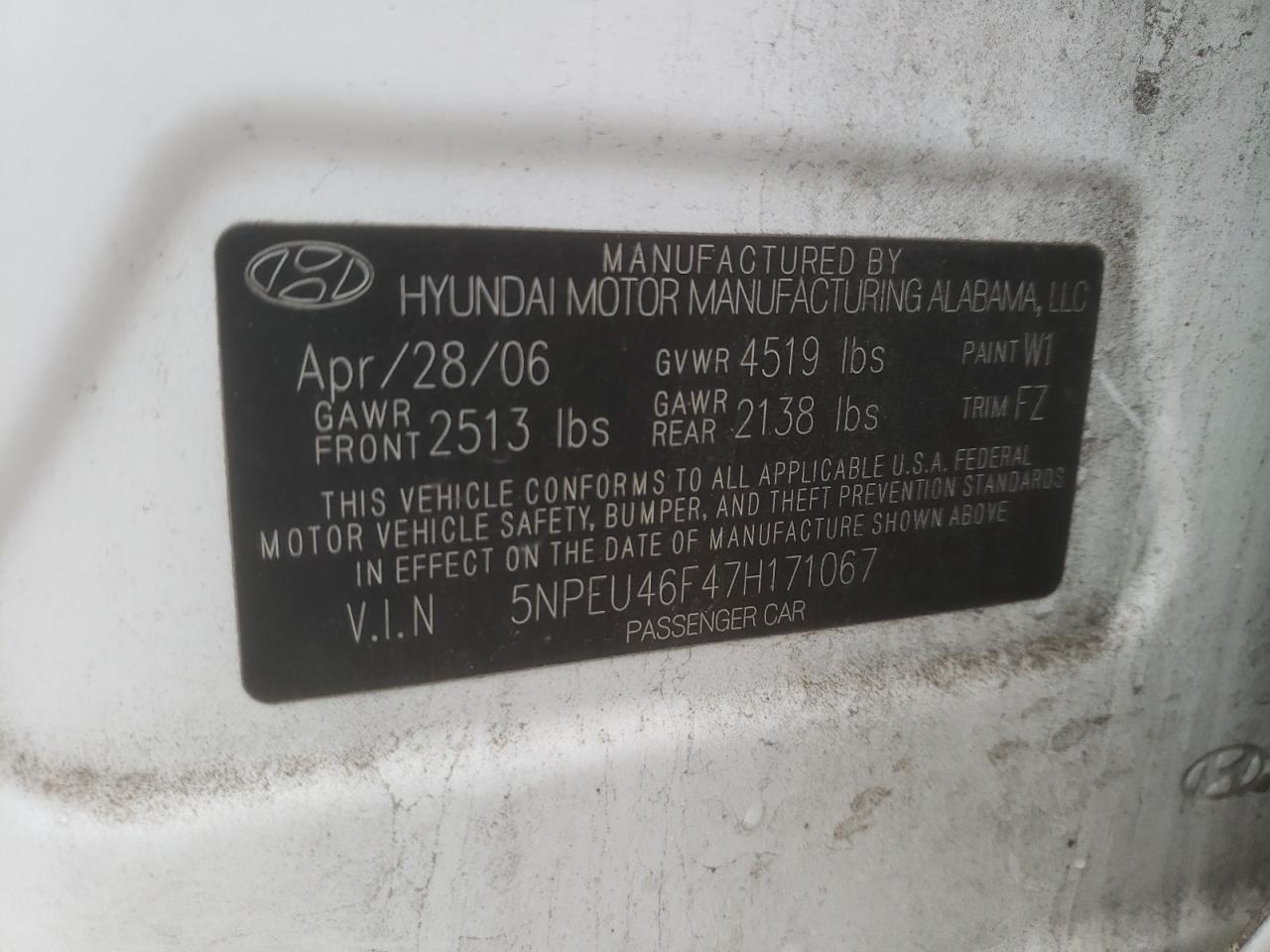 Photo 10 from auction – 2007 HYUNDAI SONATA SE with VIN 5NPEU46F47H171067