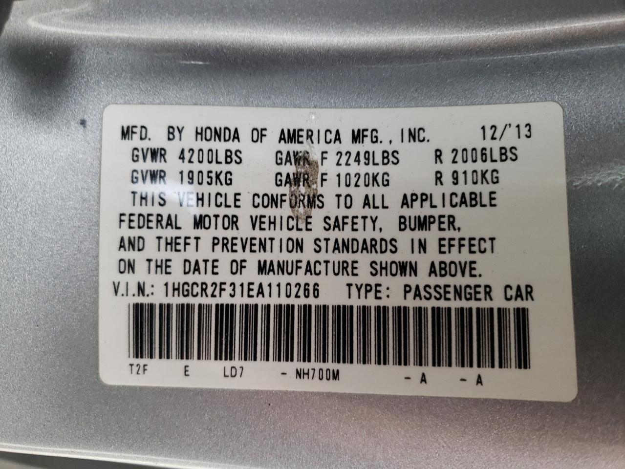 Photo 10 from auction – 2014 HONDA ACCORD LX with VIN 1HGCR2F31EA110266
