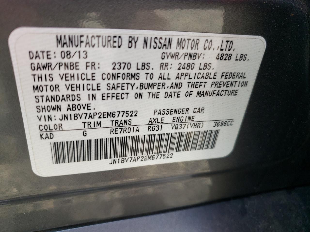 Photo 10 from auction – 2014 INFINITI Q50 with VIN JN1BV7AP2EM677522