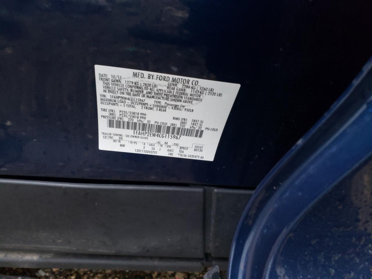 Photo 10 from auction – 2012 FORD TAURUS with VIN 1FAHP2EW4CG115967