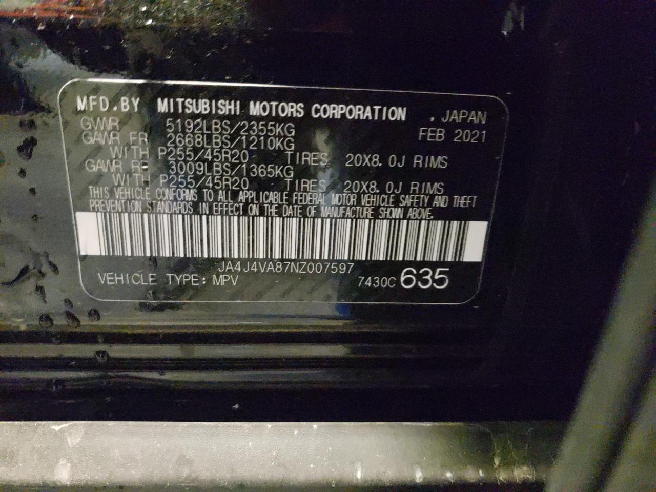 Photo 10 from auction – 2022 MITSUBISHI OUTLANDER with VIN JA4J4VA87NZ007597