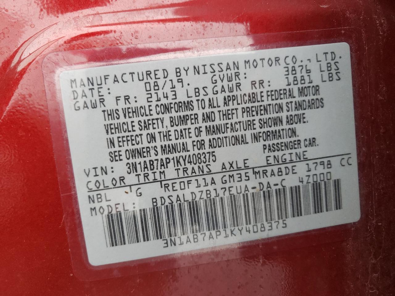 Photo 10 from auction – 2019 NISSAN SENTRA S with VIN 3N1AB7AP1KY408375