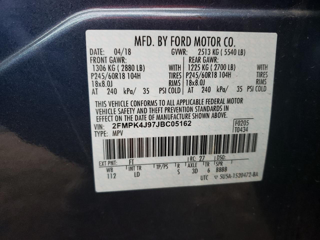 Photo 10 from auction – 2018 FORD EDGE SEL with VIN 2FMPK4J97JBC05162