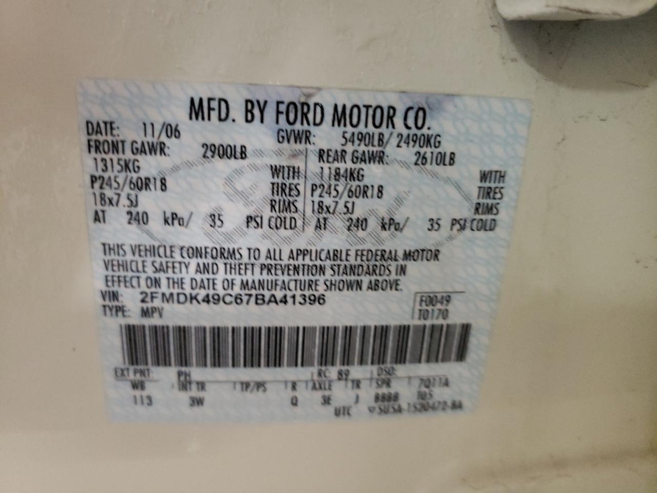 Photo 10 from auction – 2007 FORD EDGE SEL P with VIN 2FMDK49C67BA41396