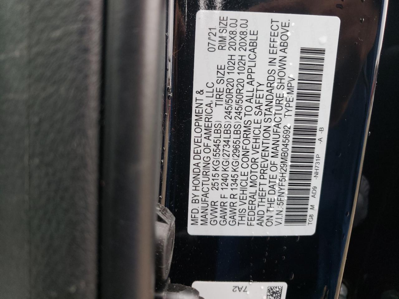 Photo 10 from auction – 2021 HONDA PILOT SE with VIN 5FNYF5H29MB045692
