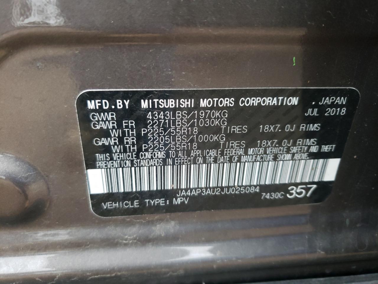 Photo 10 from auction – 2018 MITSUBISHI OUTLANDER with VIN JA4AP3AU2JU025084