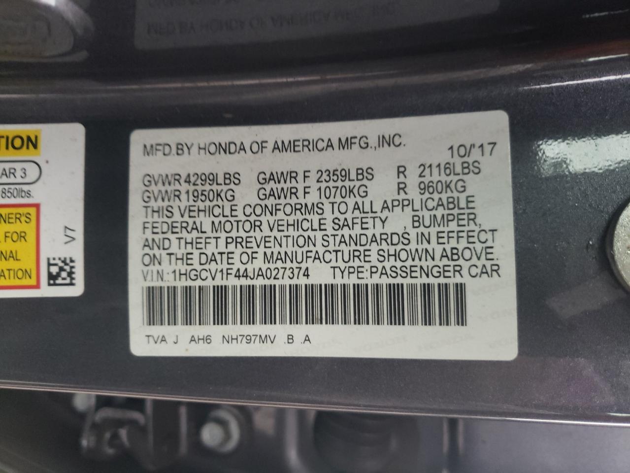 Photo 10 from auction – 2018 HONDA ACCORD EX with VIN 1HGCV1F44JA027374