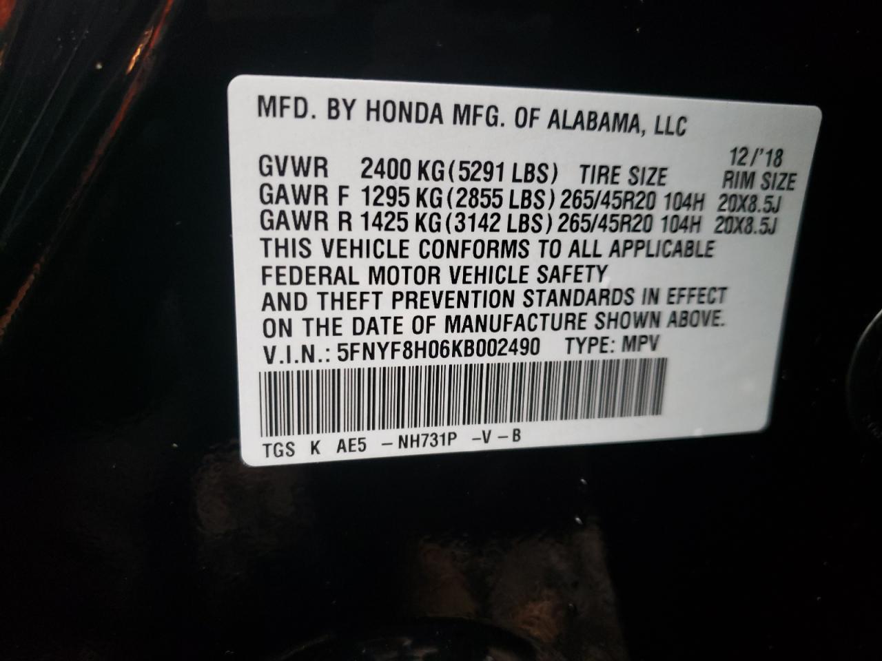Photo 10 from auction – 2019 HONDA PASSPORT E with VIN 5FNYF8H06KB002490