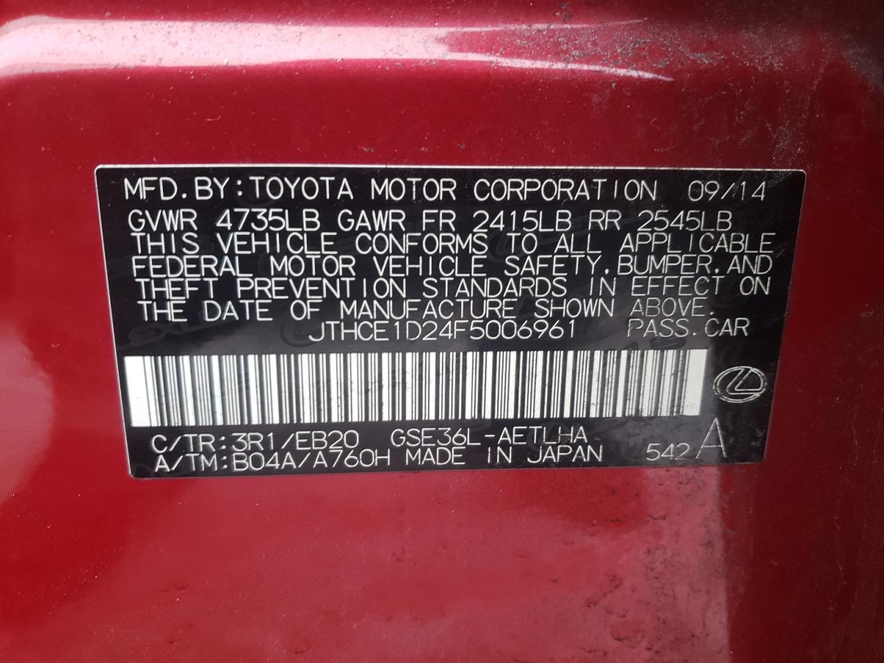 Photo 10 from auction – 2015 LEXUS IS 350 with VIN JTHCE1D24F5006961