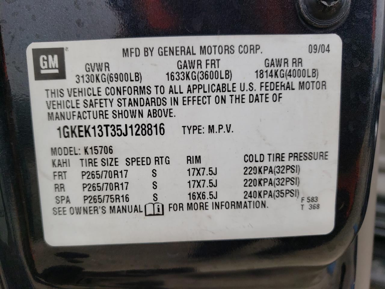 Photo 10 from auction – 2005 GMC YUKON with VIN 1GKEK13T35J128816