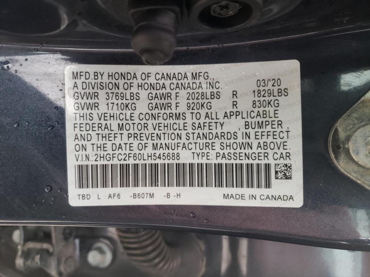Photo 10 from auction – 2020 HONDA CIVIC LX with VIN 2HGFC2F60LH545688