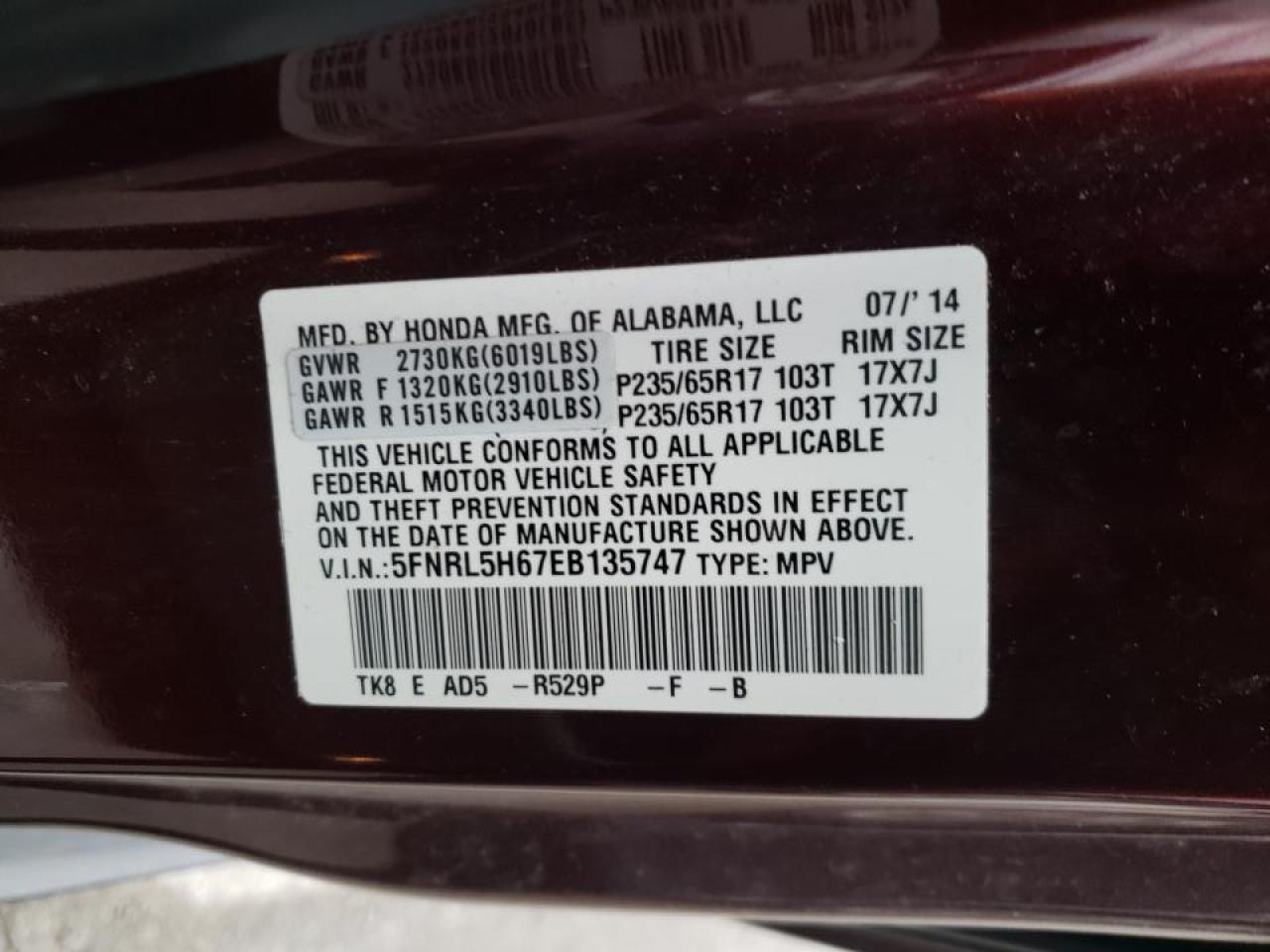 Photo 10 from auction – 2014 HONDA ODYSSEY EX with VIN 5FNRL5H67EB135747