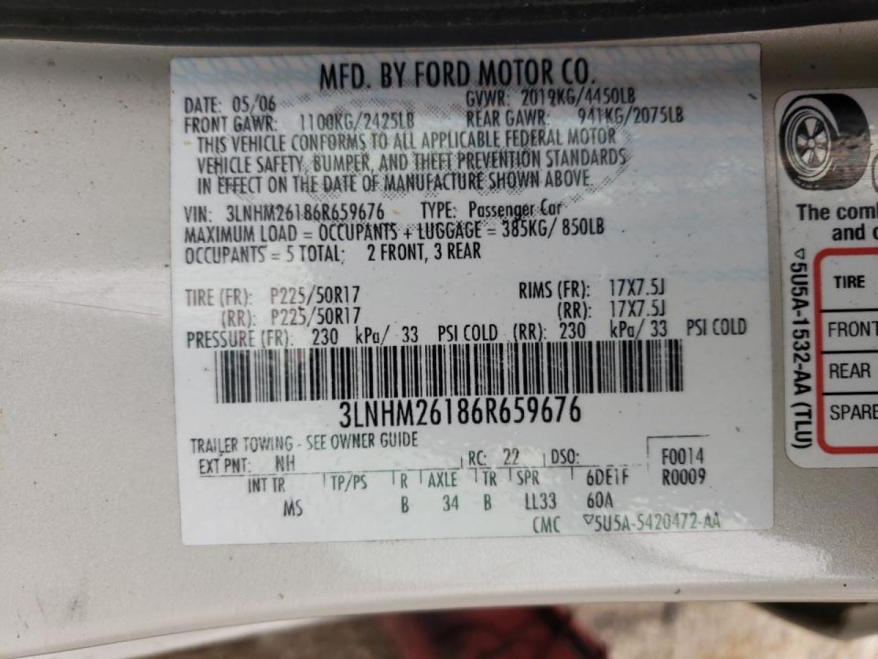 Photo 10 from auction – 2006 LINCOLN ZEPHYR with VIN 3LNHM26186R659676