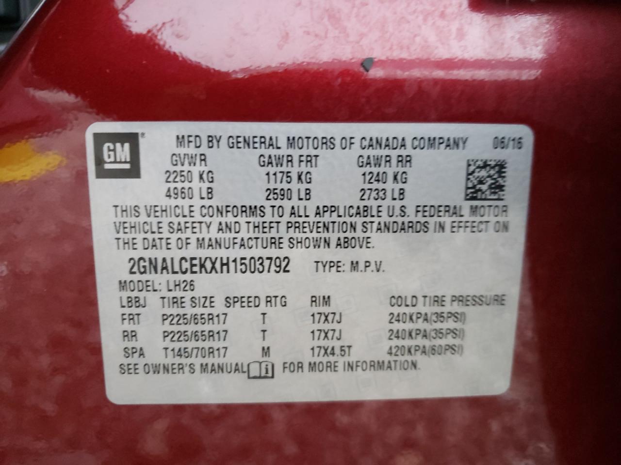 Photo 10 from auction – 2017 CHEVROLET EQUINOX LT with VIN 2GNALCEKXH1503792