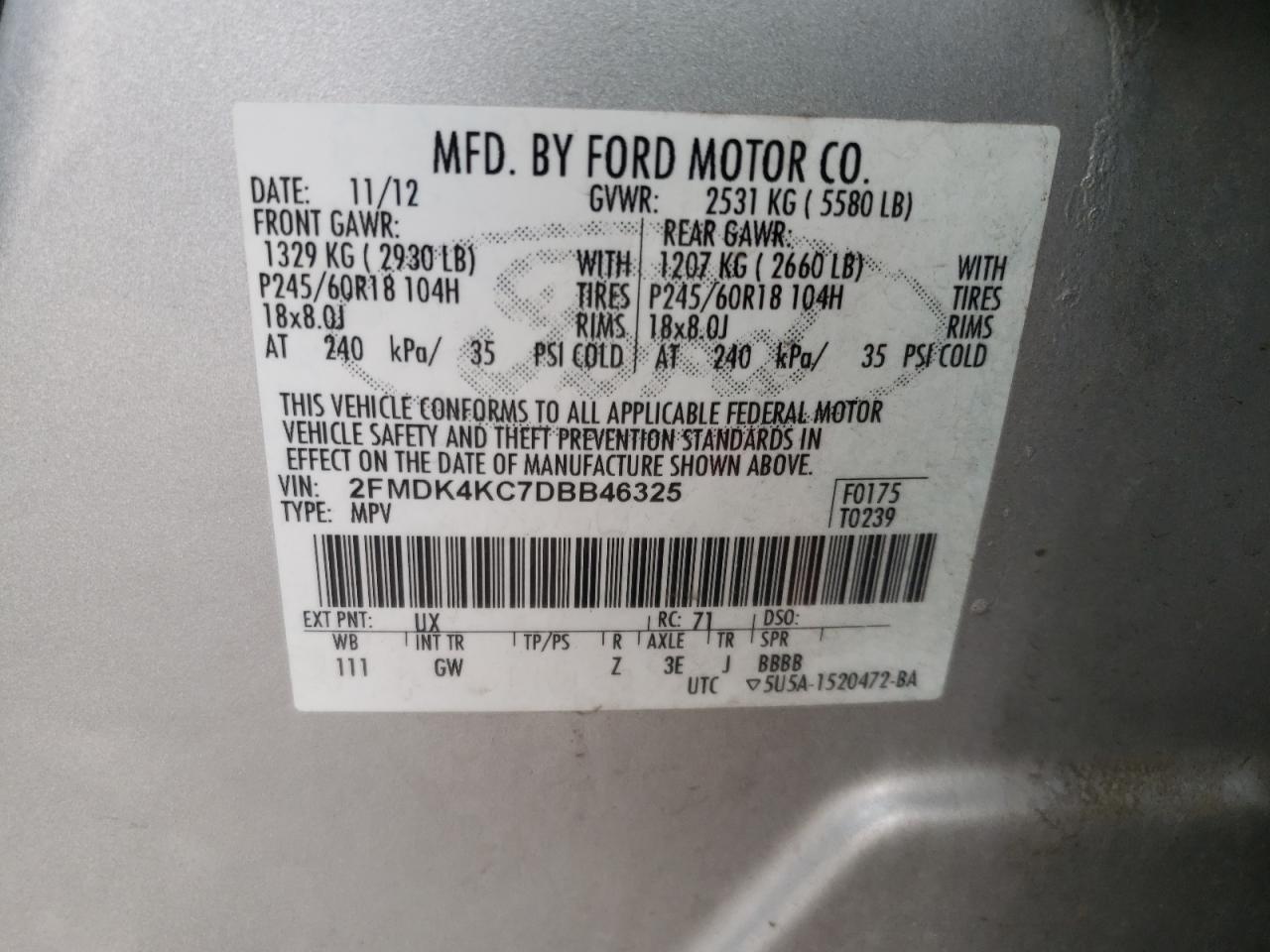 Photo 10 from auction – 2013 FORD EDGE SE AW with VIN 2FMDK4KC7DBB46325