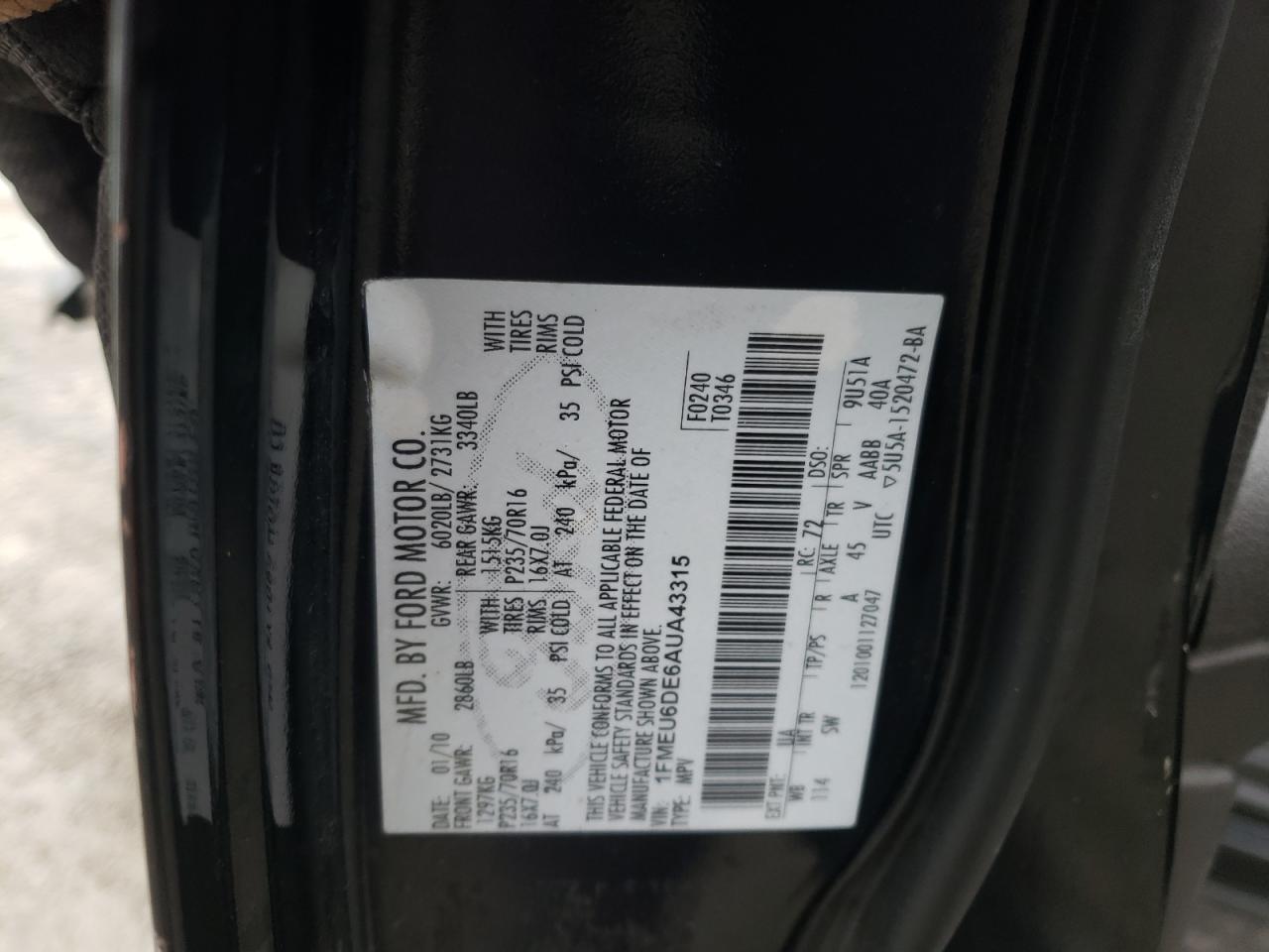 Photo 10 from auction – 2010 FORD EXPLORER X with VIN 1FMEU6DE6AUA43315