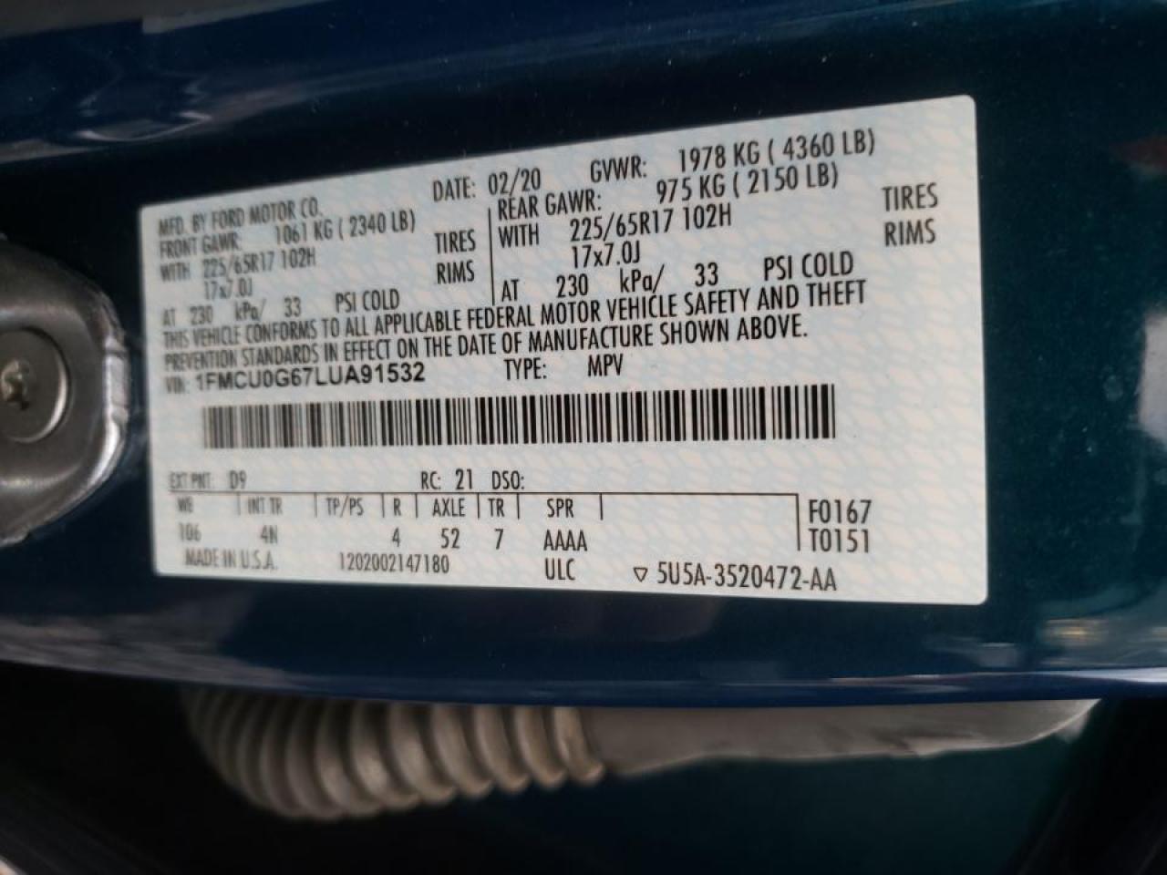 Photo 10 from auction – 2020 FORD ESCAPE SE with VIN 1FMCU0G67LUA91532