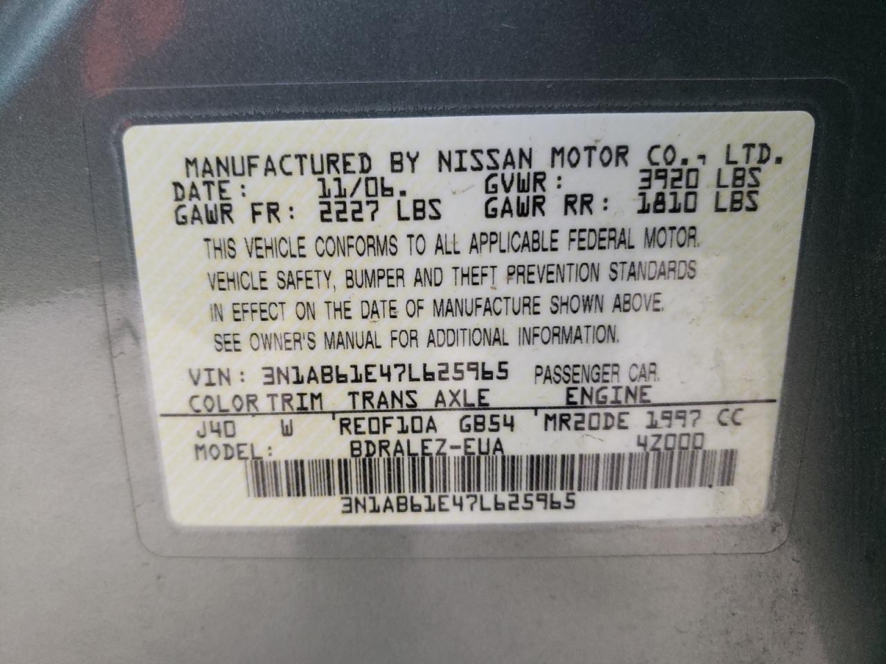 Photo 10 from auction – 2007 NISSAN SENTRA 2.0 with VIN 3N1AB61E47L625965