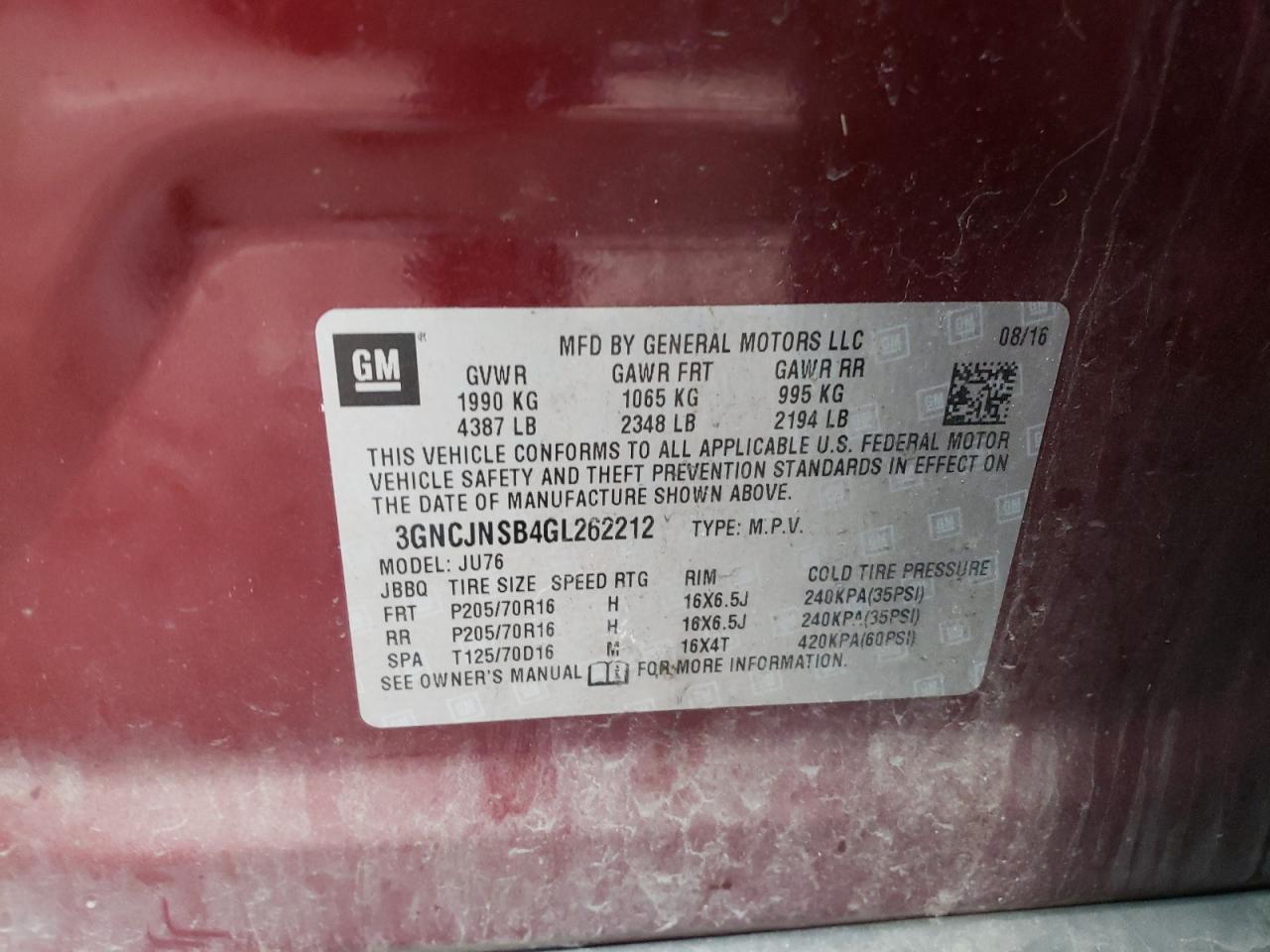 Photo 7 from auction – 2016 CHEVROLET TRAX LS with VIN 3GNCJNSB4GL262212