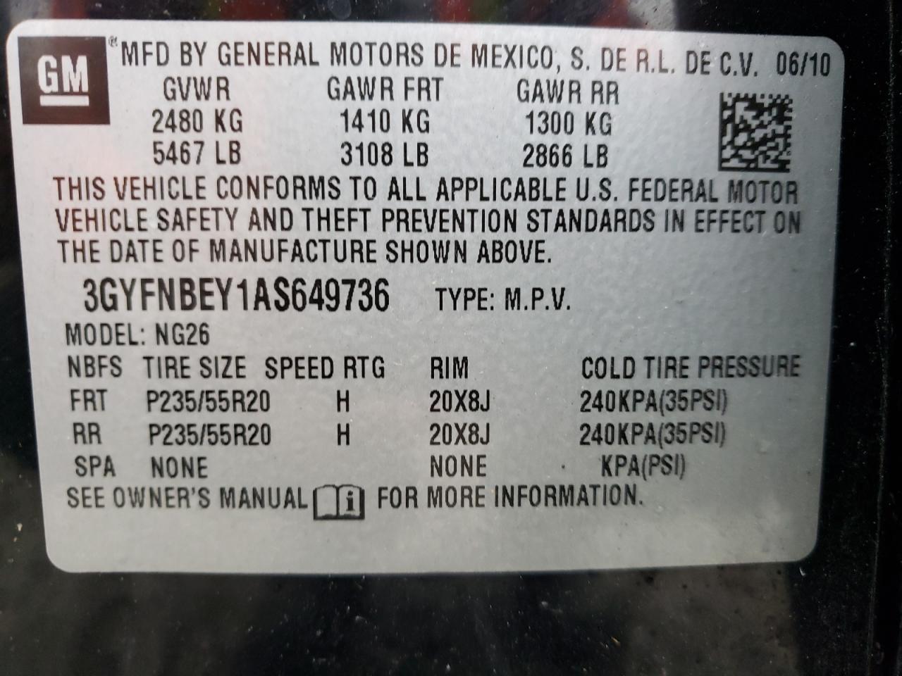 Photo 10 from auction – 2010 CADILLAC SRX PERFOR with VIN 3GYFNBEY1AS649736