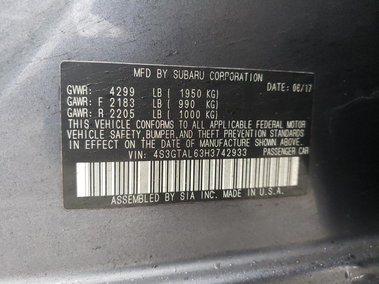 Photo 10 from auction – 2017 SUBARU IMPREZA SP with VIN 4S3GTAL63H3742933