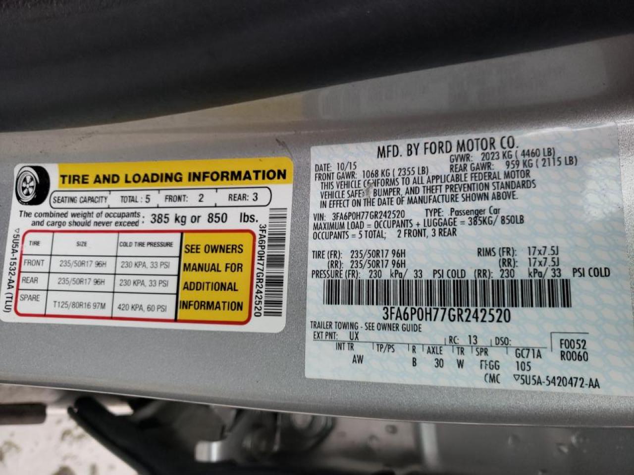 Photo 10 from auction – 2016 FORD FUSION SE with VIN 3FA6P0H77GR242520