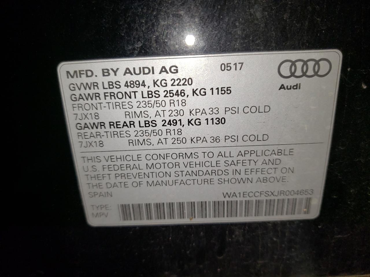 Photo 10 from auction – 2018 AUDI Q3 PREMIUM with VIN WA1ECCFSXJR004653