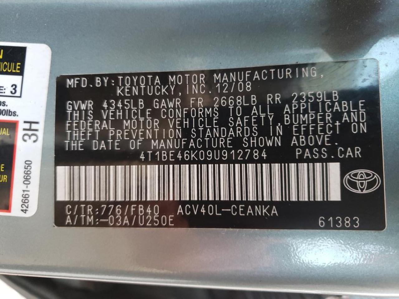 Photo 10 from auction – 2009 TOYOTA CAMRY BASE with VIN 4T1BE46K09U912784