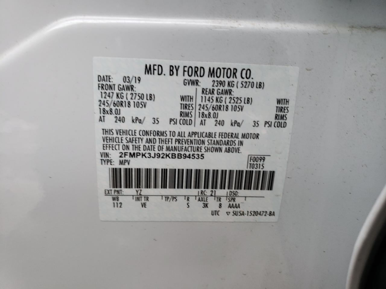 Photo 10 from auction – 2019 FORD EDGE SEL with VIN 2FMPK3J92KBB94535