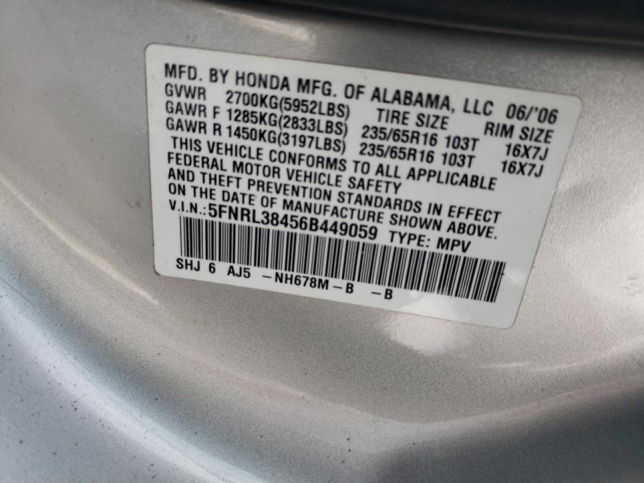 Photo 10 from auction – 2006 HONDA ODYSSEY EX with VIN 5FNRL38456B449059
