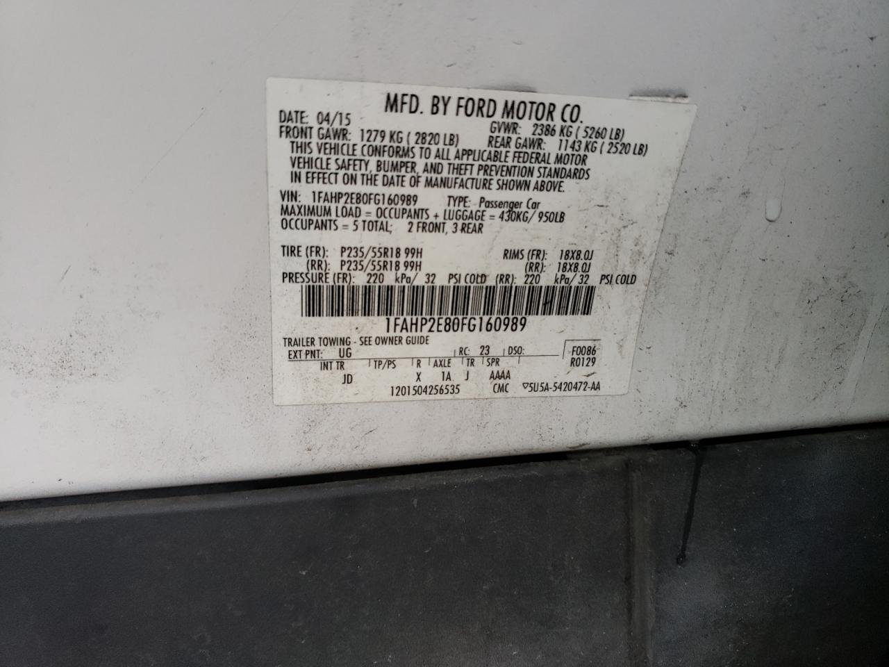 Photo 10 from auction – 2015 FORD TAURUS SEL with VIN 1FAHP2E80FG160989
