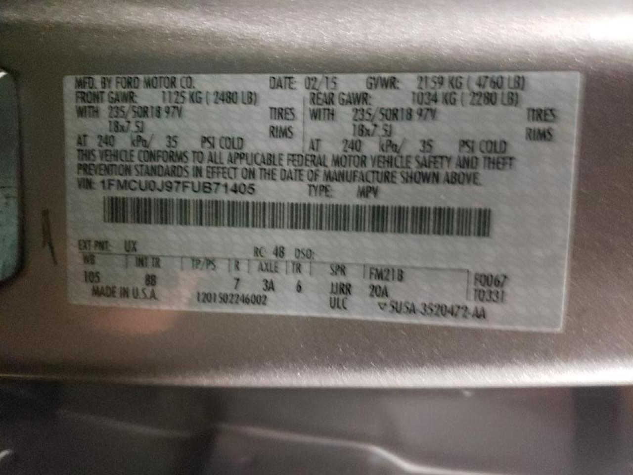 Photo 10 from auction – 2015 FORD ESCAPE TIT with VIN 1FMCU0J97FUB71405
