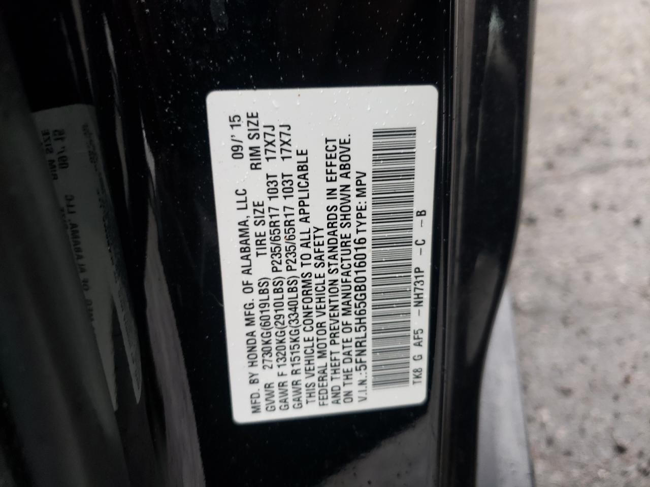 Photo 10 from auction – 2016 HONDA ODYSSEY EX with VIN 5FNRL5H65GB016016