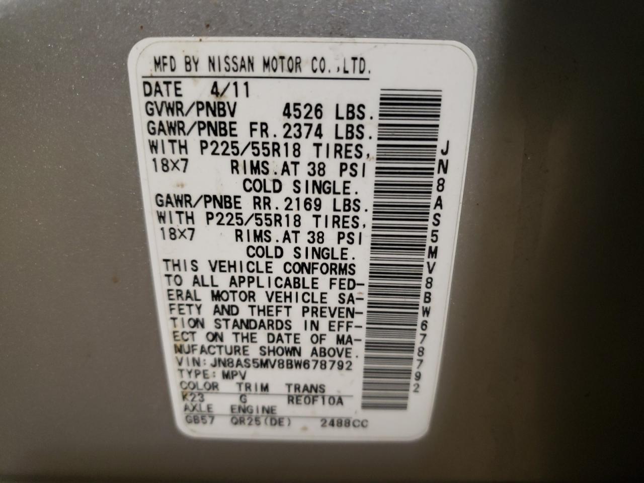 Photo 10 from auction – 2011 NISSAN ROGUE S with VIN JN8AS5MV8BW678792