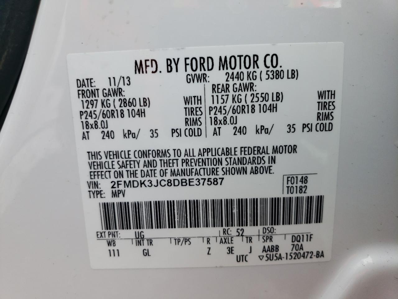 Photo 10 from auction – 2013 FORD EDGE SEL with VIN 2FMDK3JC8DBE37587