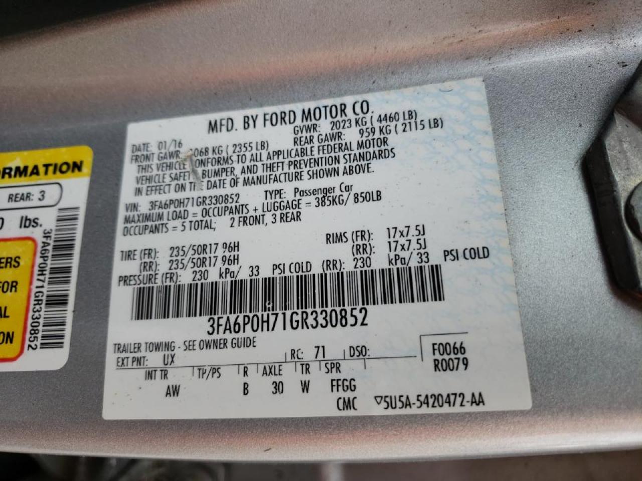 Photo 10 from auction – 2016 FORD FUSION SE with VIN 3FA6P0H71GR330852