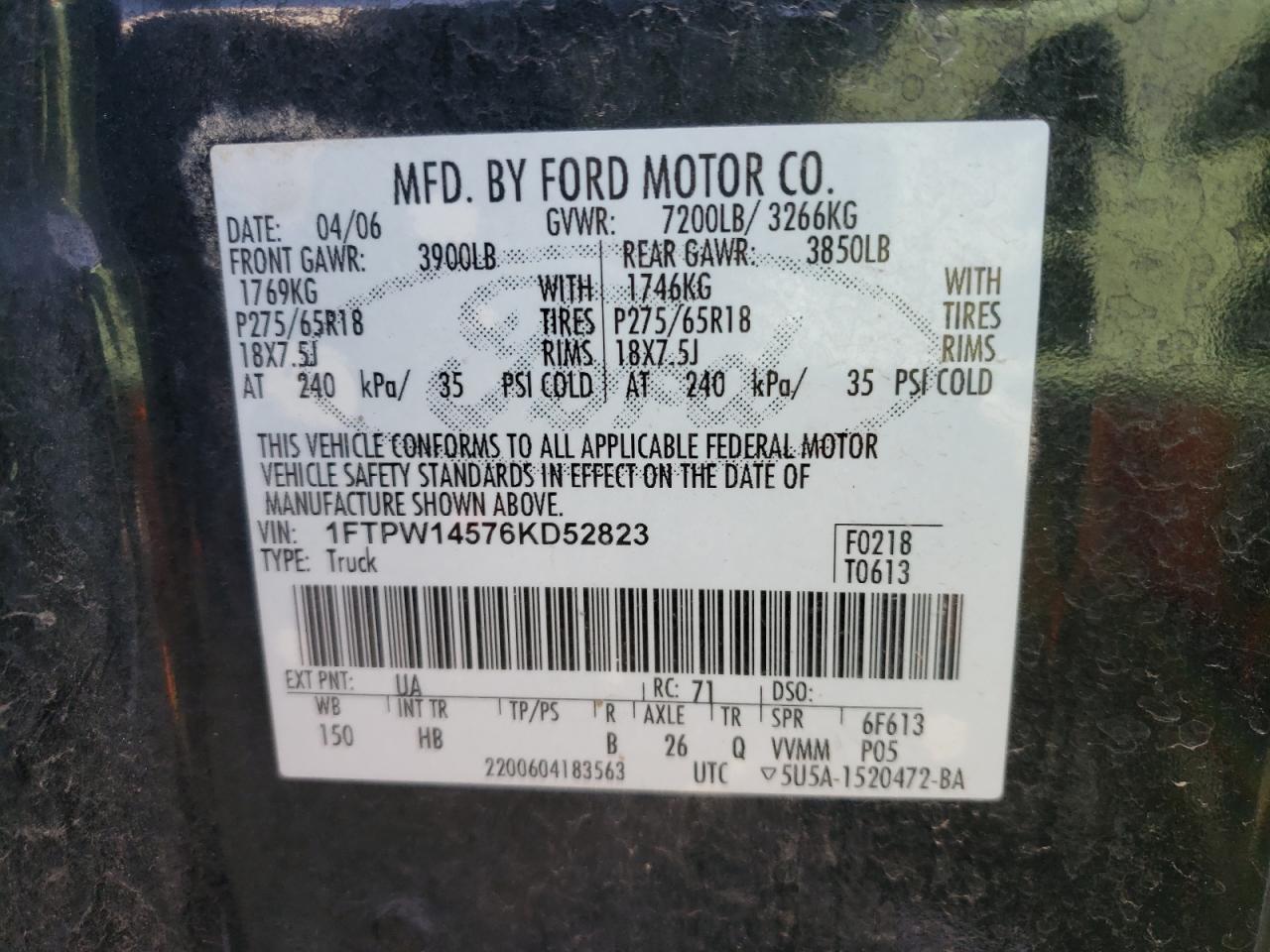 Photo 10 from auction – 2006 FORD F150 SUPER with VIN 1FTPW14576KD52823