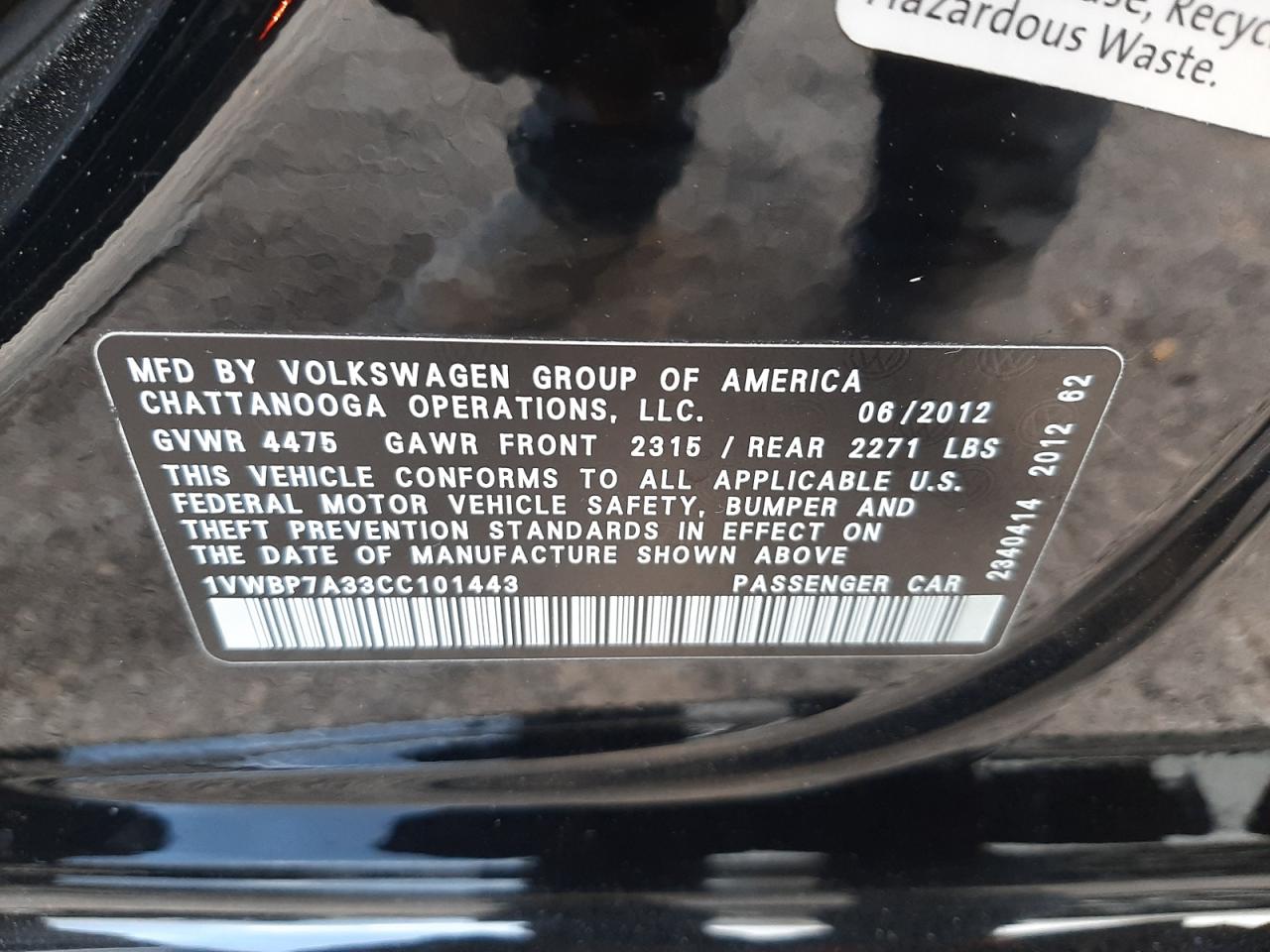 Photo 10 from auction – 2012 VOLKSWAGEN PASSAT SE with VIN 1VWBP7A33CC101443