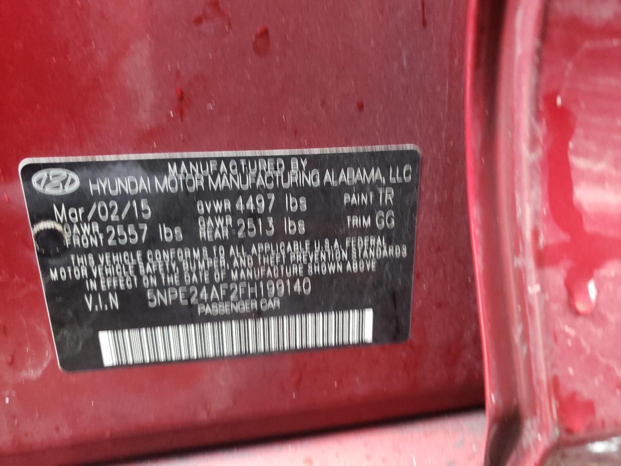 Photo 10 from auction – 2015 HYUNDAI SONATA SE with VIN 5NPE24AF2FH199140