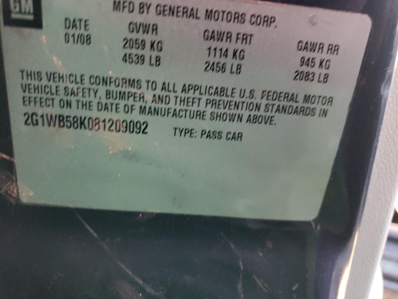Photo 10 from auction – 2008 CHEVROLET IMPALA LS with VIN 2G1WB58K081209092