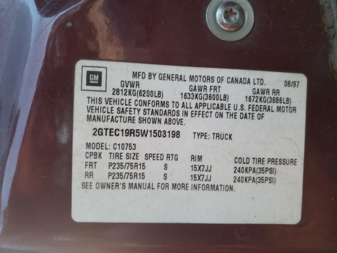 Photo 10 from auction – 1998 GMC SIERRA C15 with VIN 2GTEC19R5W1503198
