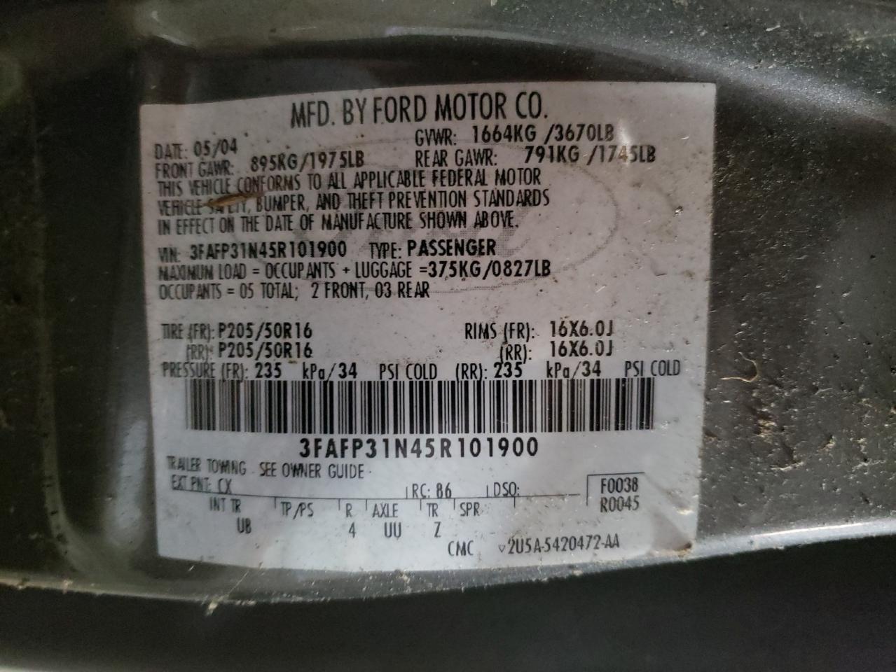 Photo 10 from auction – 2005 FORD FOCUS with VIN 3FAFP31N45R101900