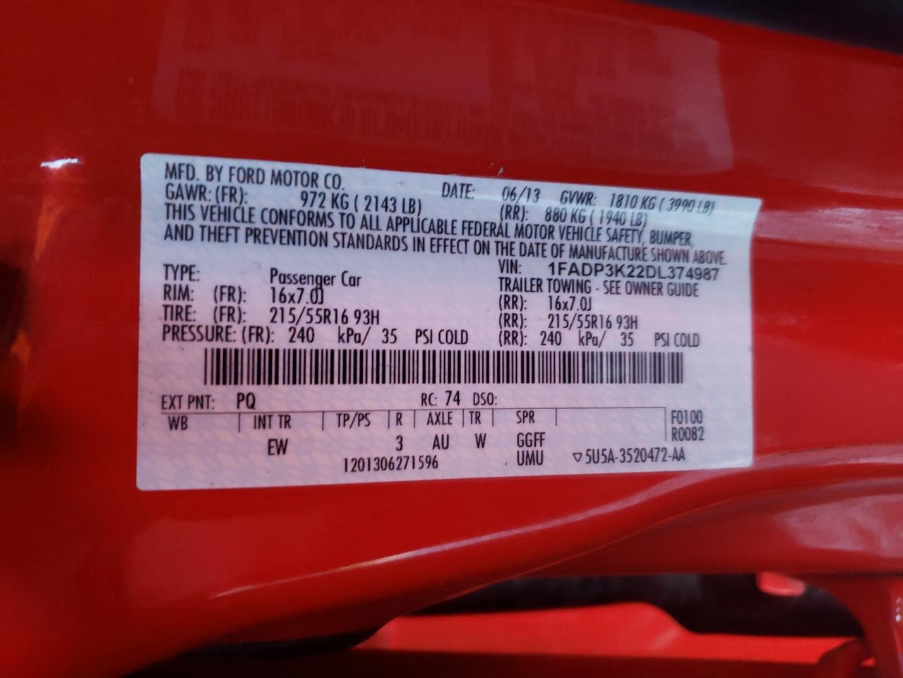 Photo 10 from auction – 2013 FORD FOCUS SE with VIN 1FADP3K22DL374987